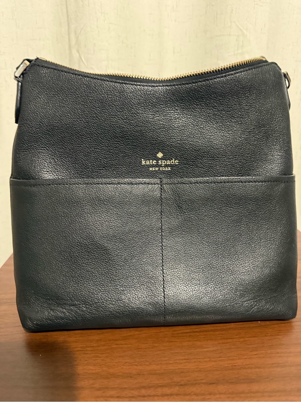 kate spade black pebbled leather shoulder bag with gold logo
